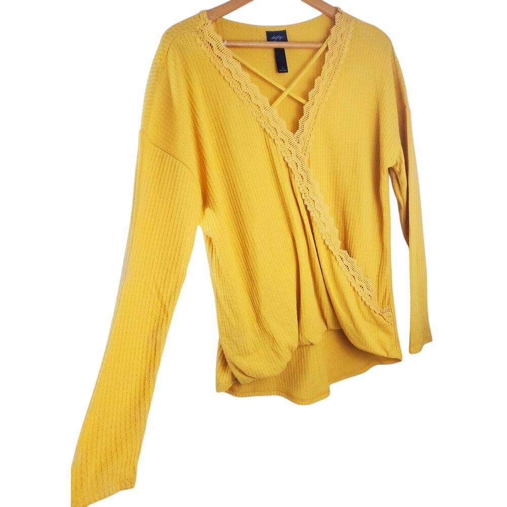 Daytrip Top L The Buckle BKE Yellow Waffle Knit Long Sleeve Thermal Womens Size